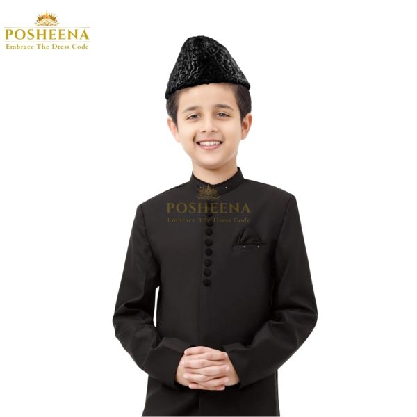 Quaid e Azam Costume for Kids, including Sherwani, Pajama & Jinnah Cap. Available for 4-7 years (PKR 6000) and 8-12 years (PKR 8000). Call 0311-9131762