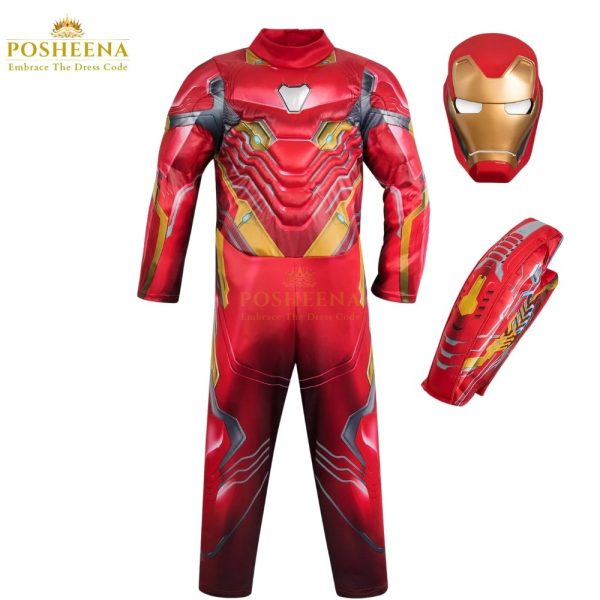 Iron Man costume for kids featuring vibrant red and gold superhero design, available at Posheena.