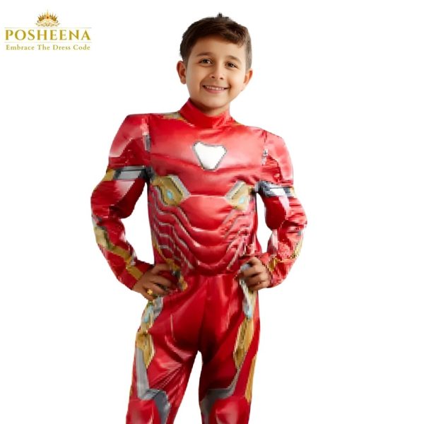 Iron Man costume for kids featuring vibrant red and gold superhero design, available at Posheena.com Best Kids costume shop in Pakistan