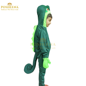 Happy child wearing chameleon costume for kids from Posheena - colorful dress-up outfit for parties and play
