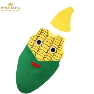 Smiling child wearing a corn costume for kids from Posheena – best vegetable costume for school plays and fancy dress, available across Pakistan