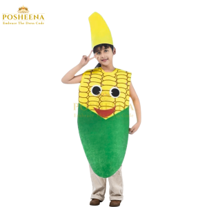 Smiling child wearing a corn costume for kids from Posheena – best vegetable costume for school plays and fancy dress, available across Pakistan
