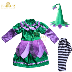 Girl wearing green and purple munchkin costume for girls from Posheena – perfect for book day, school play, and fancy dress events