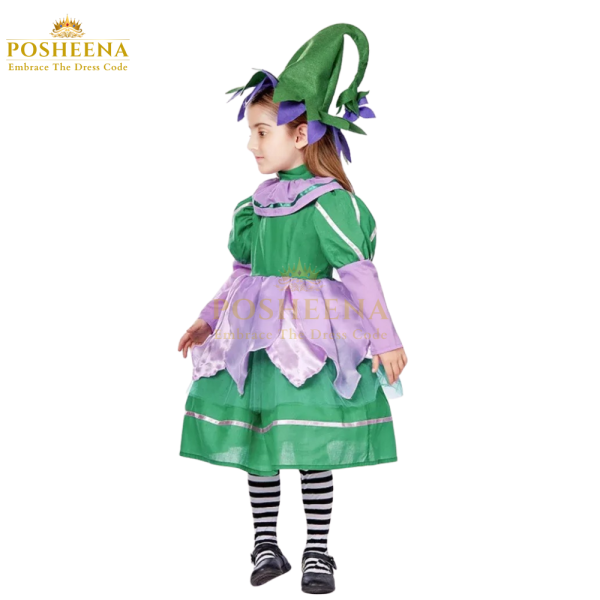 Girl wearing green and purple munchkin costume for girls from Posheena – perfect for book day, school play, and fancy dress events