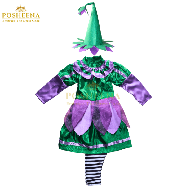 Girl wearing green and purple munchkin costume for girls from Posheena – perfect for book day, school play, and fancy dress events