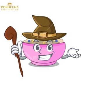 Child wearing a cartoon-style bowl costume with a witch hat and spoon – customized kids costume from Posheena Pakistan