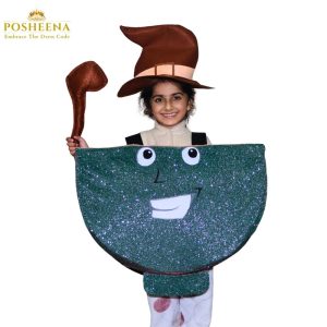 Child wearing a cartoon-style bowl costume for kids with a witch hat and spoon – customized kids costume from Posheena Pakistan