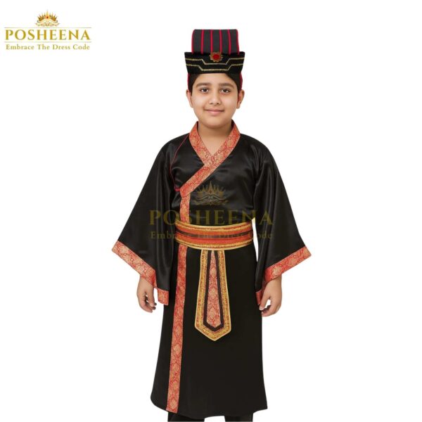 Chinese Ancient Scholar Black Costume for kids – traditional robe with red and gold detailing and scholar hat for cultural events and school plays in Pakistan