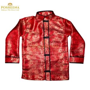 Chinese Tang Jacket for Kids – traditional red and gold cultural jacket with knot buttons for festivals, school events, and cultural celebrations