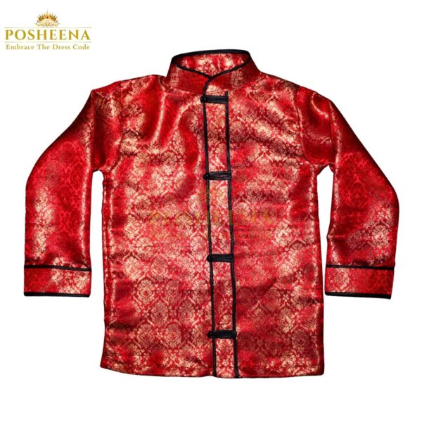 Chinese Tang Jacket for Kids – traditional red and gold cultural jacket with knot buttons for festivals, school events, and cultural celebrations