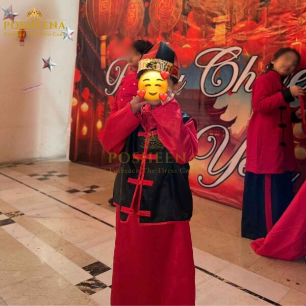 Chinese costume for boy – traditional cultural outfit with robe, vest, and hat for school plays, cultural events, and theme parties in Pakistan