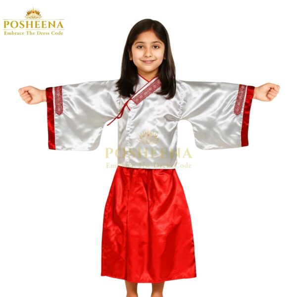 Chinese silk robe Costume for girl – white embroidered top with red bottom traditional outfit for cultural events, festivals, and school plays in Pakistan