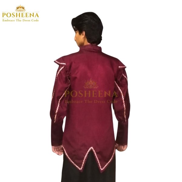 Doublet Puffed Shoulders Costume in maroon, showcasing a man wearing an Early Modern European period jacket with detailed gold trim, ideal for theatre and historical re-enactments.