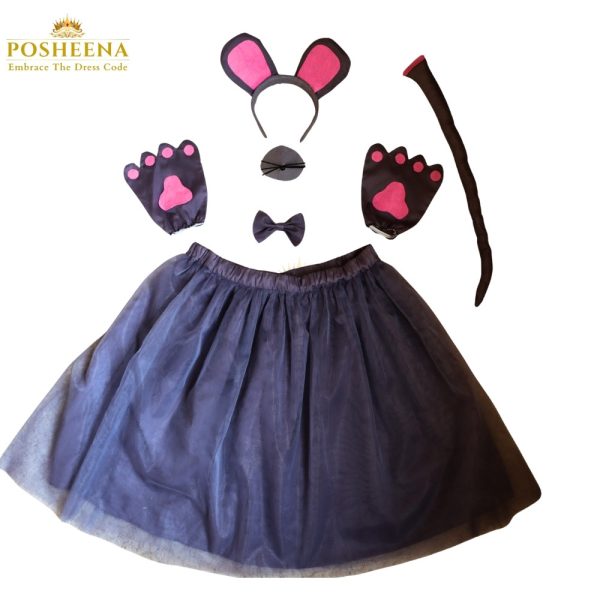 Mouse costume set for girls with black skirt, pink mouse ears, gloves, tail, and bow from Posheena
