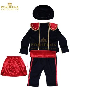 Spanish Matador Bullfight Costume for a child, featuring a black jacket with gold trim and red details, ruffled shirt, red sash, black trousers with red stripe, and traditional montera hat, with a red cape shown separately; ideal for themed events and theatrical use.