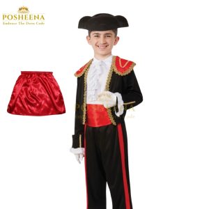 Spanish Matador Bullfight Costume for a child, featuring a black jacket with gold trim and red details, ruffled shirt, red sash, black trousers with red stripe, and traditional montera hat, with a red cape shown separately; ideal for themed events and theatrical use.