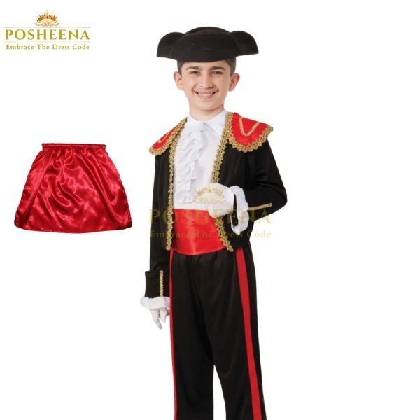 Spanish Matador Bullfight Costume for a child, featuring a black jacket with gold trim and red details, ruffled shirt, red sash, black trousers with red stripe, and traditional montera hat, with a red cape shown separately; ideal for themed events and theatrical use.