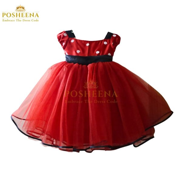 Mini Mouse birthday dress for girls with red tulle skirt and white polka dots from Posheena