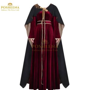 Mother Gothel costume for girls with maroon gown and gold detailing – Tangled villain dress from Posheena