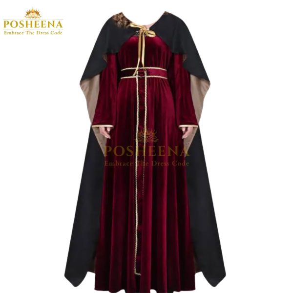 Mother Gothel costume for girls with maroon gown and gold detailing – Tangled villain dress from Posheena