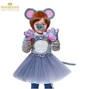Mouse costume for girls with black skirt, pink mouse ears, gloves, tail, and bow from Posheena