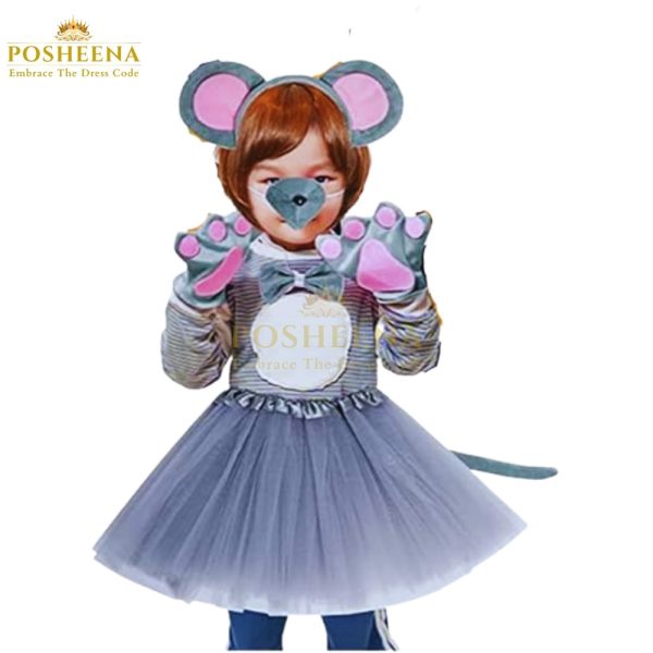 Mouse costume for girls with black skirt, pink mouse ears, gloves, tail, and bow from Posheena