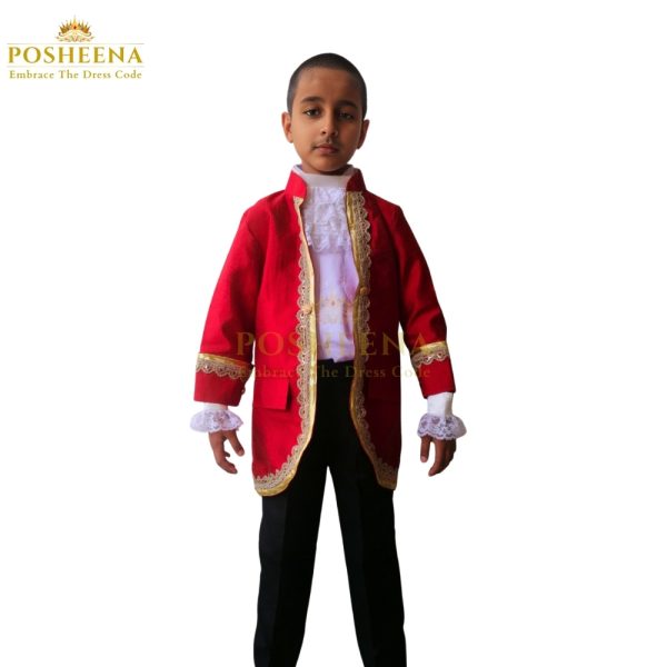 Retro Prince Pants Coat costume for kids – red and gold royal outfit from Posheena online costume shop in Pakistan