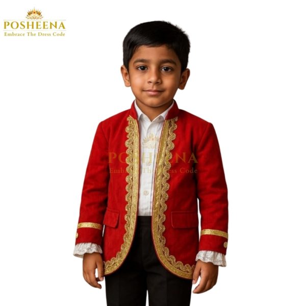 Retro Prince Pants Coat costume for kids – red and gold royal outfit from Posheena online costume shop in Pakistan