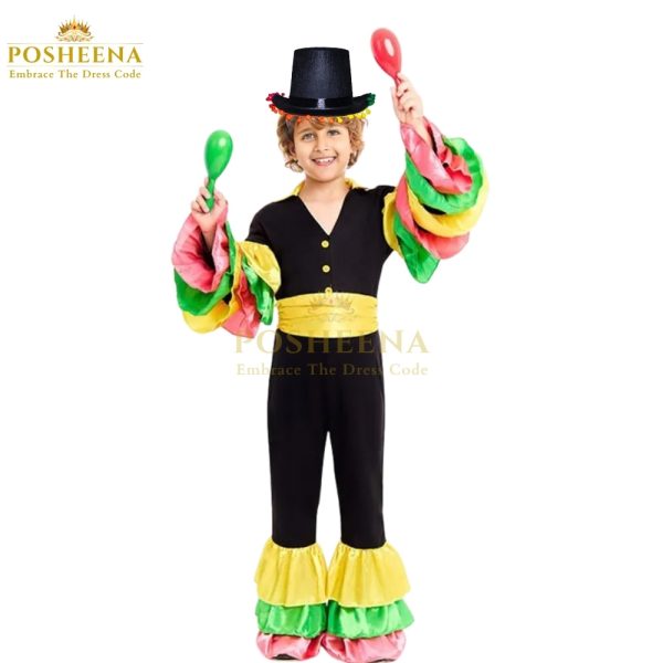Rumba costume for kids – colorful Latin dance dress with ruffled skirt and sleeves for school events