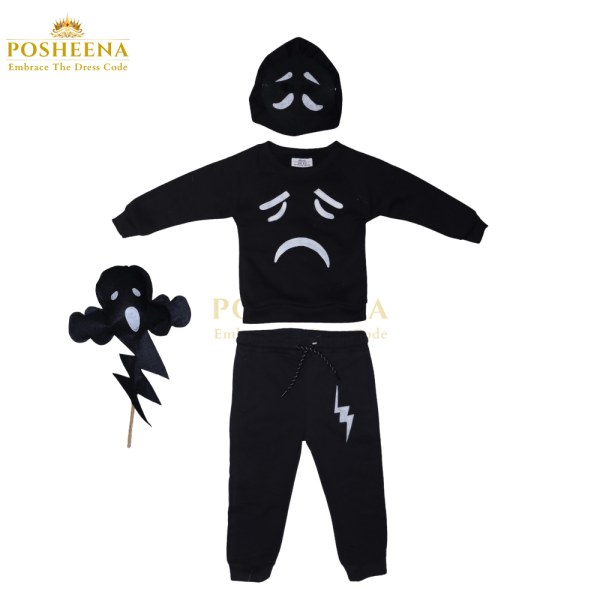 Sad emotion kids costume with expressive face print, hood, and thundercloud lightning prop – custom school outfit by Posheena Pakistan