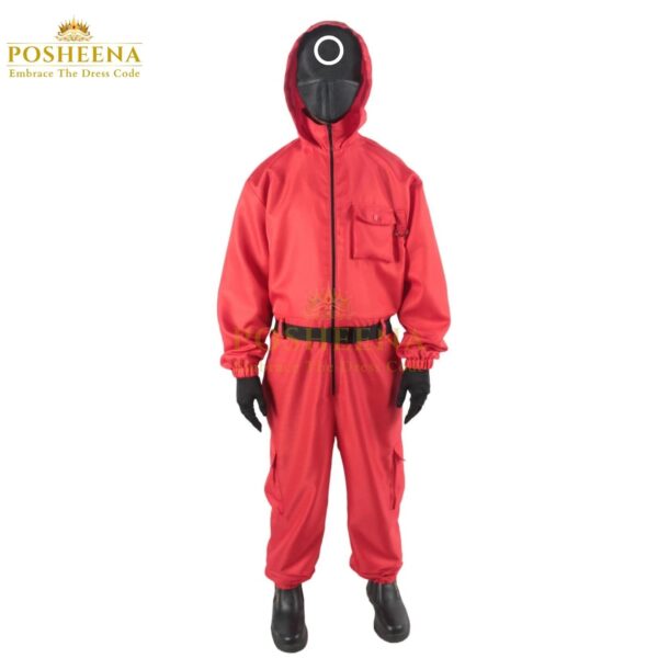 Squid Game Costume for kids – red jumpsuit and black mask outfit for cosplay, school plays, and themed events available in Pakistan and worldwide