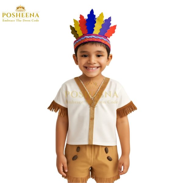 Tribal costume for kids with colorful headband and fringe outfit – available at online costume store Pakistan
