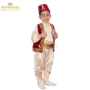 Boy wearing Turkish Cultural Dress with embroidered velvet vest and fez hat – Posheena