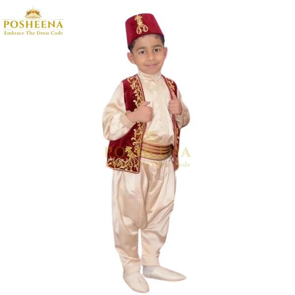 Boy wearing Turkish Cultural Dress with embroidered velvet vest and fez hat – Posheena