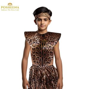 "Pakistani boy wearing Zulu warrior kids costume with faux fur trim and beaded tribal designs"