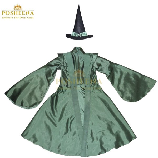 Mocconogall costume for kids with green robe and witch hat – Posheena
