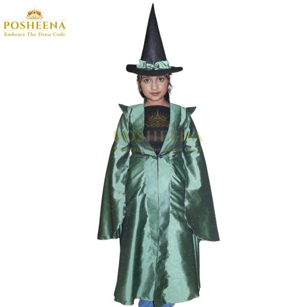 Mocconogall costume for kids with green robe and witch hat – Posheena
