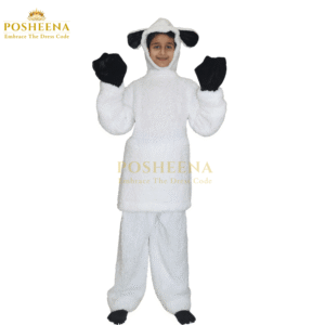 Lamb Costume for Kids – Soft white fleece animal costume with black ears and gloves for school events, by Posheena Pakistan