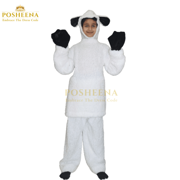 Lamb Costume for Kids – Soft white fleece animal costume with black ears and gloves for school events, by Posheena Pakistan