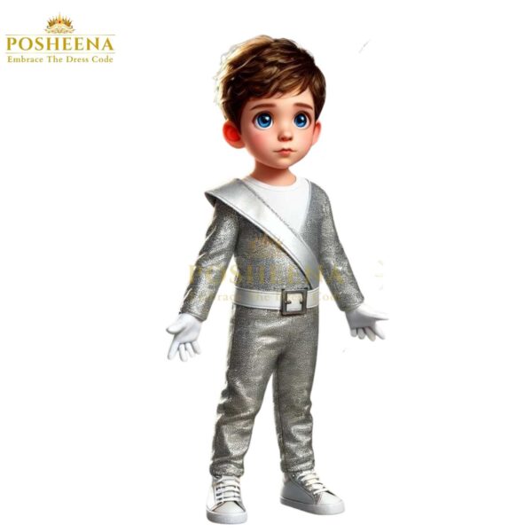 Silver Costume For Kids with shiny metallic fabric – kids stage performance and theme party outfit from Posheena Ask ChatGPT