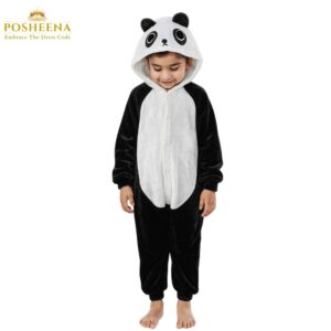 Cute child wearing a black and white panda costume for kids – cozy animal fancy dress outfit available in Pakistan & worldwide at Posheena.