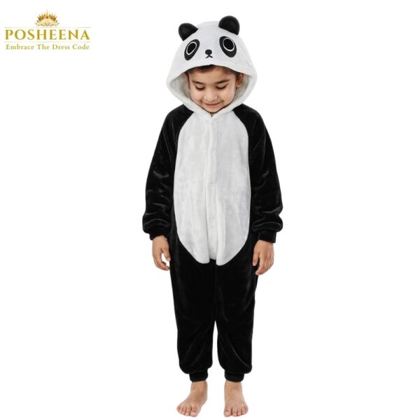 Cute child wearing a black and white panda costume for kids – cozy animal fancy dress outfit available in Pakistan & worldwide at Posheena.