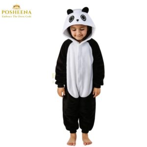 Cute child wearing a black and white panda costume for kids – cozy animal fancy dress outfit available in Pakistan & worldwide at Posheena.