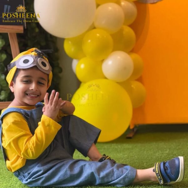Cute boy wearing customized Minion Costume for Kids – boys and girls birthday outfit available online at Posheena costume shop Pakistan