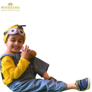 Cute boy wearing customized Minion Costume for Kids – boys and girls birthday outfit available online at Posheena costume shop Pakistan