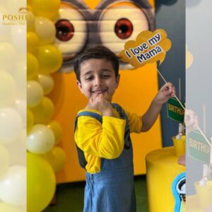 Cute boy wearing customized Minion Costume for Kids – boys and girls birthday outfit available online at Posheena costume shop Pakistan