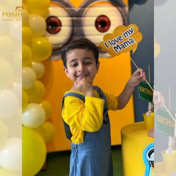 Cute boy wearing customized Minion Costume for Kids – boys and girls birthday outfit available online at Posheena costume shop Pakistan