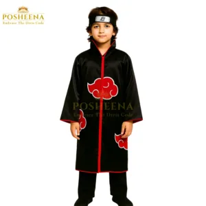 Itachi Uchiha Akatsuki Costume for Kids – black cloak with red clouds and ninja headband, anime cosplay outfit available at Posheena Pakistan