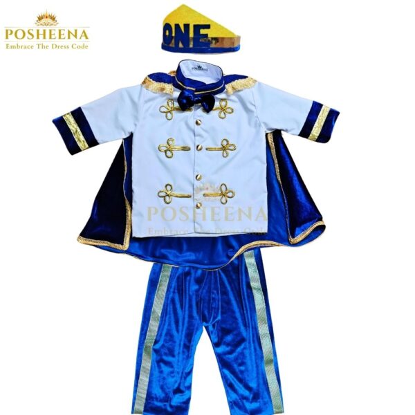 First birthday prince costume for boys – royal blue and gold outfit with crown cap from Posheena, available online in Pakistan.