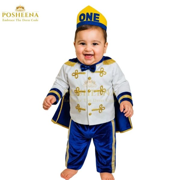 First birthday prince costume for boys – royal blue and gold outfit with crown cap from Posheena, available online in Pakistan.